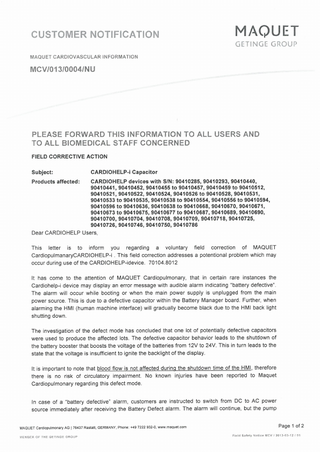 CARDIOHELP-i Capacitor Customer Notification Nov 2013