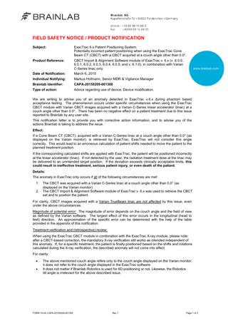 Brainlab Exac Trac 6.x Patient Positioning System Field Safety Notice March 2015