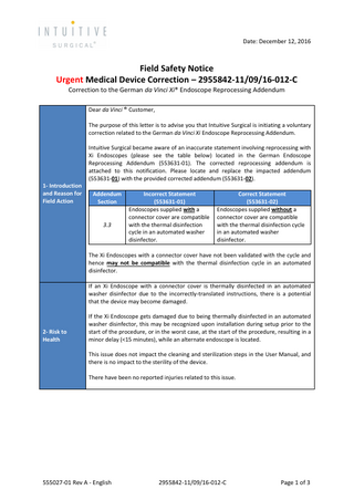 da Vinci Endoscope Reprocessing Addendum Urgent Medical Device Correction Dec 2016