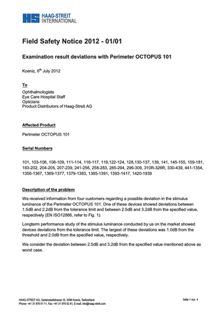 OCTOPUS 101 Field Notice July 2012