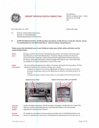 GE Giraffe and Panda Systems Urgent Medical Device Correction Sept 2018