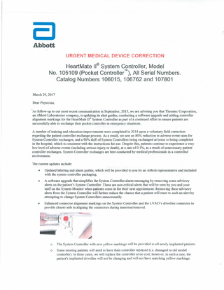 HeartMate II System Controller Urgent Medical Device Correction March 2017