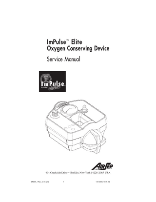 TABLE OF CONTENTS SERVICING THE IMPULSE ELITE UNIT Section 1.0 1.0 Introduction ... 1 Section 2.0 2.0 Removal of Unit Housing ... 2 2.1 Removing Upper Housing ... 2 2.2 Removing Lower Housing ... 2 Section 3.0 3.0 Circuit Board Replacement ... 4 3.1 Removing the Pressure Sensor Tubing ... 4 3.2 Removing the Circuit Board and Electrical Connections ... 5 3.3 Circuit Board Installation... 6 Section 4.0 4.0 Solenoid Valve Replacement ... 7 4.1 Solenoid Valve Removal ... 7 4.2 Solenoid Valve Installation ... 7 Section 5.0 5.0 Battery Holder Replacement ... 8 5.1 Battery Holder Removal ... 8 5.2 Battery Holder Installation ... 8 Section 6.0 6.0 Manual Bypass Valve Replacement ... 9 6.1 Bypass Valve Removal... 9 6.2 Bypass Valve Installation ... 9 SPECIFICATIONS ... 11 TROUBLESHOOTING ... 12 SPARE PARTS ...14 WARRANTY  MN094_1 Rev_12-01.pmd  ...15  3  1/31/2006, 10:05 AM  