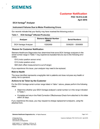 DCA Vantage Customer Notification April 2016