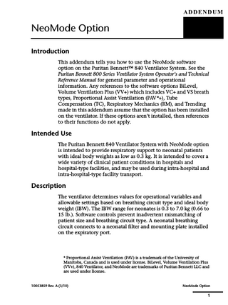 800 Series Ventilator System Operator’s Manual Addendum Rev A NeoMode Option