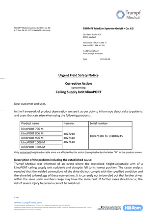 klinoPORT series Urgent Field Safety Notice June 2015