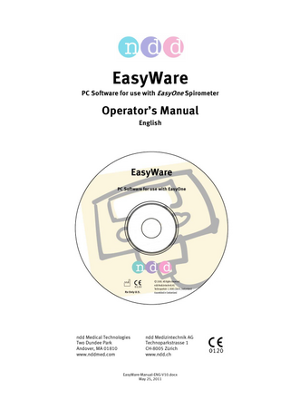 EasyWare  Page 2  Table of Contents 1  Introduction  3  2  Installing the PC software 2.1 PC/Laptop Requirements 2.2 Installation of the EasyWare PC software 2.3 Installing EasyWare in a network  3 3 4 7  3  Performing a spirometry test using EasyWare 3.1 Performing an off-line spirometry test 3.2 Performing an on-line spirometry test (for ScreenConnector)  8 8 8  4  Details of EasyWare 4.1 The EasyWare main window 4.2 The PC database and synchronization with EasyOne 4.3 Viewing patient data 4.4 Entering a new patient data 4.5 Deleting records 4.6 Viewing test results in 'Normal View' 4.7 Viewing test results in 'Advanced View' 4.7.1 Displaying of up to 8 trials 4.7.2 Reviewing tests 4.7.3 Changing Trial Ranking and Trial Acceptability 4.8 Children Incentive 4.9 Trending 4.10 Finding Records 4.11 Printing a test and creating PDF reports 4.12 Direct printing via PC 4.13 Exporting data 4.14 Importing data 4.15 Select device in DB 4.16 Device status 4.17 Device configuration 4.18 Preferences 4.19 Language Selection  9 9 9 10 10 10 11 11 12 12 12 13 13 13 13 14 14 14 14 14 14 15 15  5  Attachment A: Database Structure  16  6  Attachment B: Text File Export Data Format  17  7  Attachment C: Electronic Medical Record Interface  19  