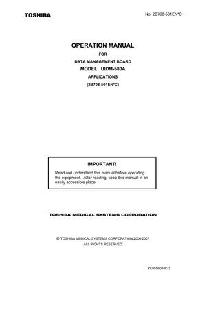 Table of Contents Safety Precautions ...S-1 Intellectual Property ... L-1 How to Use This Operation Manual ...U-1  1.  DICOM Operations ... 1-1  1.1  Patient List Interface ... 1-1  1.1.1  Sending studies... 1-1  1.1.2  Querying and retrieving studies... 1-3  1.1.3  Acquiring the examination schedules ... 1-4  1.1.4  Notifying the RIS server of examination start/end ... 1-7  1.2  Interoperability with DICOM Functions ... 1-8  2.  Report Function ... 2-1  2.1  General ... 2-1  2.1.1  Template Editor (TE)... 2-1  2.1.2  Report Generator (RG)... 2-1  2.2  Report Generator ... 2-1  2.2.1  Launching Report Generator ... 2-2  2.2.2  Selecting a template ... 2-3  2.2.3  Adding image rows ... 2-3  2.2.4  Removing image rows ... 2-3  2.2.5  Adding or changing images ... 2-4  2.2.6  Changing a template ... 2-5  2.2.7  Adding comments ... 2-5  2.2.8  Saving a report ... 2-5 No. 2B708-501EN*C -a-  YE0556010C-3  