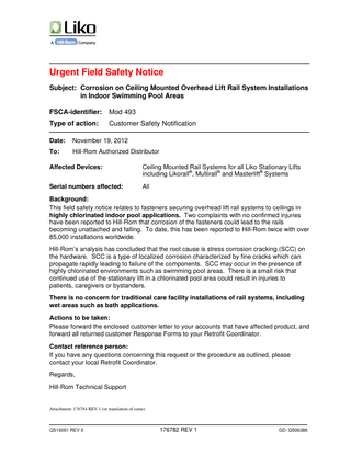 Ceiling Mounted Overhead Lift Rail System Urgent Field Safety Notice Nov 2012