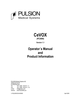 General Information  Table of Contents 1  General Information ... 1-1 1.1  Intended Use ... 1-1  1.2  Areas of Application... 1-1  1.3  Contraindications... 1-1  1.4  Warnings ... 1-2  1.5  Cautions ... 1-4  2  Introduction ... 2-1  3  Measurement Principle ... 3-1 3.1  The Parameter of Fiberoptic Oximetry... 3-1  3.2  Normal Value Range ... 3-1  4  Literature... 4-1  5  Description of the System ... 5-1  6  5.1  Front Panel ... 5-1  5.2  Rear Panel... 5-2  Preparation for Use ... 6-1 6.1  Calibration Procedure ... 6-2  6.2  Description of the Menus ... 6-3 6.2.1 Main Menu...6-3 6.2.2 Configuration Screen...6-4 6.2.3 Input Screen ...6-5 6.2.4 Calibration Screen...6-5 6.2.5 ScvO2 Screen...6-6 6.2.5.1  Signal Quality lndicator (SQl) ...6-6  6.2.5.2  Trend Arrow ...6-6  6.2.5.3  Save Function ...6-6  6.3  Contrast Adjustment ... 6-7  6.4  Alarm Signal ... 6-7  6.5  Standby Mode ... 6-7  6.6  Error Messages and Fault Elimination ... 6-8 6.6.1 Fault Messages ...6-8 6.6.2 Alert Messages...6-8 6.6.3 Warning Messages...6-9  6.7  Page II  Cleaning and Disinfecting the Equipment ... 6-10  CeVOX Version 1.1  