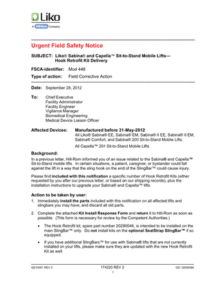 Sabine and Capella Urgent Field Safety Notice Sept 2012