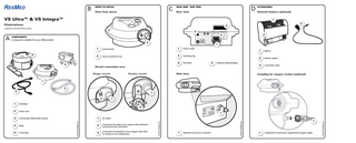 B View from above VS Ultra™ & VS Integra™  D External battery (optional)  C Rear view  FRONT OF DEVICE  REAR VIEW - SIDE VIEW  ACCESSORIES  1  1  Illustrations  3  3  Components of the NOT014224-2 System  4 (Components available from your HME provider)  2  5 4  1  1  Control panel  1  Power socket  2  Circuit connection area  2  Fastening clip  3  Dust filter  4  Socket for external battery  Circuit connection area Single circuit  Side view  Double circuit  1  Battery  2  Battery support  3  Connection cable  Coupling for oxygen socket (optional)  1 3  2  O2  1 2  2  Power cord  3  Horizontally-ribbed tube (circuit)  3  Mask  5  Travel bag  Air outlet  2  Connection for single circuit support with exhalation and pressure line connection  3  Connection for exhalation circuit support with valve for double circuit configuration  © 2007 ResMed Ltd.  4  1  O2  1  Optional O2 pressure connector  1 1  1  Coupling for connecting a supplemental oxygen supply  © 2007 ResMed Ltd.  Ventilator  1  © 2007 ResMed Ltd.  1  © 2007 ResMed Ltd.  A  2  2  COMPONENTS  