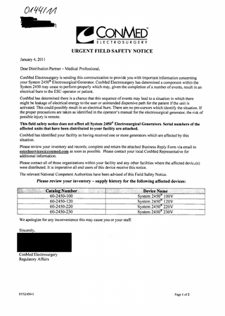 System 2450 Generator Urgent Field Safety Notice January 2011