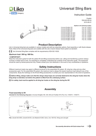 Liko Universal Sling Bars Instructions Guide Aug 2010