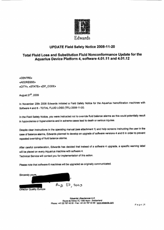 Aquarius Update Field Safety Notice Nov 2008