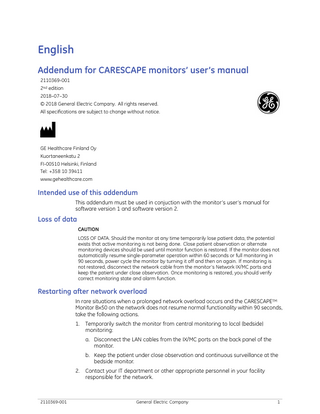 CARESCAPE Monitors Addendum Users Manuals Loss of data 2nd Edition June 2018