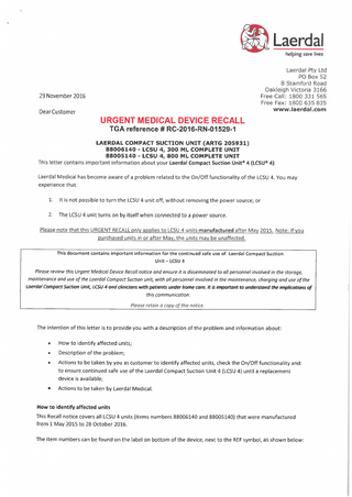 Laerdal Compact Suction Unit 4 (LCSU 4) Urgent Medical Device Recall Nov 2016