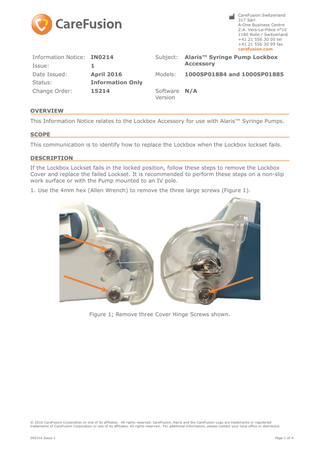 Alaris Lockbox Accessory Removal of failed Lockset in the Lockbox Issue 1 April 2016