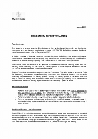 LIFEPAK 20 Field Safety Corrective Action March 2007