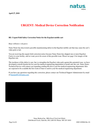 ErgoJust Cart Urgent Field Safety Correction Notice April 2018