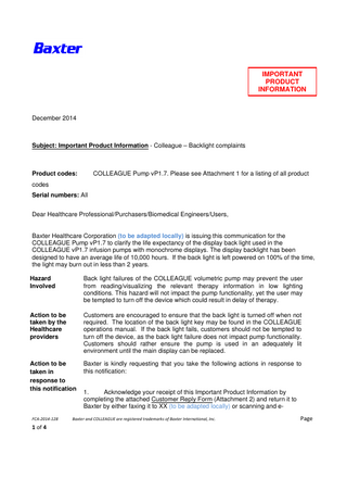 COLLEAGUE Pump Important Product Information Dec 2014