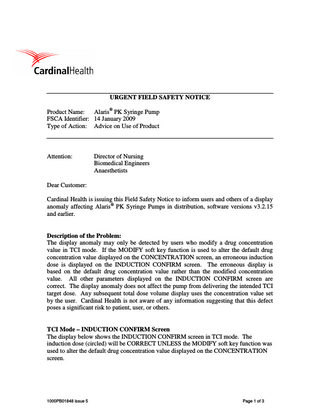 Alaris PK Syringe Pump Urgent Safety Notice Jan 2009