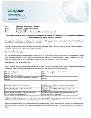 Propaq Encore and CS Battery End of Service Notice Nov 2016