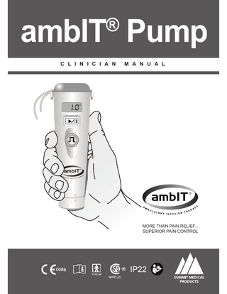 Table of Contents SECTION 1 - INTRODUCTION...1 1.1 Definitions and Symbols...1 1.1.1 Definitions ...1 1.1.2 Definition of Symbols...2 1.2 Warnings ...6 1.2.1 Sterile, Disposable (Single-Use) Administration Set ...8 1.2.2 Protection From Air Infusion ...8 1.2.3 Protection From Unintended Bolus ...8 1.2.4 Use of ambIT® Pump in MRI Environment ...8 1.3 Indications for Use...9 1.3.1 Continuous Pumps ...9 1.3.2 PreSet Pumps ...9 1.3.3 PCA Pumps ...9 1.3.4 PreSet*PCA Pump ...9 1.4 Overview...9 1.4.1 Continuous Pumps ...10 1.4.2 PreSet Pumps ...10 1.4.3 PCA Pumps ...10 1.5 Infusion Patterns ...11 SECTION 2 - SET UP ...13 2.1 Required Materials ...13 2.2 ambIT® Cassette ...14 2.3 Priming the Cassette ...14 2.4 Attach Cassette to the Pump ...17 2.5 Remove Cassette from the Pump ...18 2.6 Changing the Fluid Reservoir ...18 2.7 Battery Installation and Replacement...18 2.7.1 Battery Installation ...19 2.7.2 Battery Replacement ...19 2.8 Pump Power On and Off ...20 SECTION 3 - PROGRAMMING INSTRUCTIONS ...21 3.1 General Information ...21 3.2 ambIT® Pump User Interface ...22 3.3 Program Options ...23 3.4 Continuous Pump Programming Steps ...23 3.5 PreSet Pump Programming Options ...24 3.6 PCA Pump Programming Steps ...29 3.7 Program Review ...31 SECTION 4 - OPERATING INSTRUCTIONS ...32 4.1 Start Infusion ...32 4.2 Pause Infusion ...33 4.3 Resume Infusion ...33 4.4 Silence Alarm ...33 4.5 Bolus Activation...34 4.5a FUNCTION Button Activation ...34 4.6 Summary of Operating Controls for Continuous Pumps ...35 4.7 Summary of Operating Controls for PreSet and PCA Pumps ...35  i  