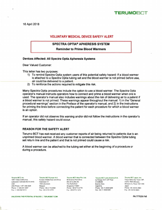 Spectra Optia Apheresis System Voluntary Medical Device Safety Alert April 2018