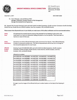 GE Giraffe , Panda , CarePlus and IWS series Urgent Medical Device Correction Dec 2017