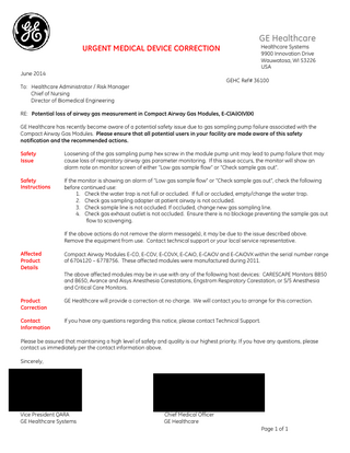 E-CO Compact Airway Gas Modules series Urgent Medical Device Correction June 2014