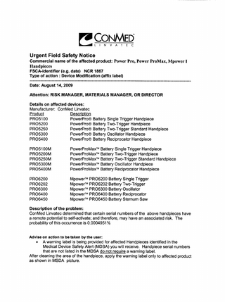 Power Pro , Power Pro Max and Mpower Handpieces Urgent Field Safety Notice Aug 2009 