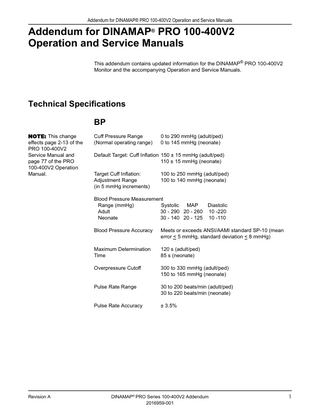 Addendum for DINAMAP PRO 100-400V2 Operation and Service Manuals Rev A