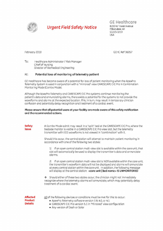 ApexPro and CARESCAPE CIC Pro Urgent Field Safety Notice Feb 2010