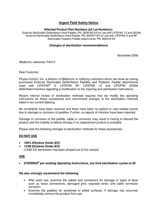 Internal Defib Handles and Electrodes Urgent Field Safety Notice Nov 2008