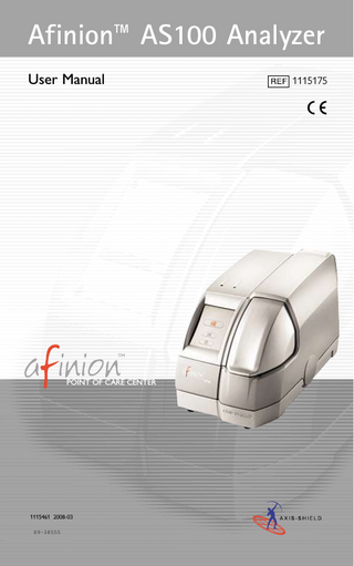 TABLE OF CONTENTS  INTRODUCTION Intended use of the Afinion™ AS100 Analyzer System  5  About this User Manual  5  Examining the package contents  5  ANALYZER SYSTEM DESCRIPTION Description of the Afinion™ AS100 Analyzer  6  Description of the Afinion™ Test Cartridge  7  How to operate the Analyzer  8  How the Afinion™ AS100 Analyzer System works  9  Internal process control  9  Calibration  9  GALLERY OF ICONS The icons and their function  10  Other symbols and signs  11  GETTING STARTED Locating your Analyzer  12  Connecting power supply  12  Connecting additional equipment  13  How to switch ON the Analyzer  13  Automatic start-up procedure  13  Setting the configuration  14  How to switch OFF the Analyzer  18  QUALITY CONTROL Why quality control testing?  19  Choosing control material  19  Handling and testing controls  19  Frequency of control testing  19  TESTING PROCEDURES Operating precautions  20  Using the operator ID function  21  Using the patient ID function  22  Using the control ID function  23  Preparing for an Afinion™ analysis  24  Collecting a specimen with the Test Cartridge  25  Analyzing a patient sample  26  Analyzing a control  27  Viewing result records  28  Table continues on next page.  09-38555  3  