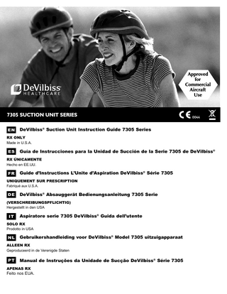 ENGLISH... ESPAÑOL... FRANÇAIS... DEUTSCH... ITALIANO... NEDERLANDS... PORTUGUESE...  EN-2 ES-11 FR-20 DE-29 IT-38 NL-47 PT-56  TABLE OF CONTENTS IEC Symbols... Important Safeguards... International Travel... Introduction... Accessory/Replacement Items... Important Parts... Set-Up... How to Operate Your 7305 Series DeVilbiss Suction Unit... Battery Charging ... Cleaning Instructions... Maintenance... Provider’s Notes... Troubleshooting... Specifications/Classifications... Warranty... Guidance and Manufacturer’s Declaration...  EN - 2 EN - 2 EN - 3 EN - 3 EN - 3 EN - 4 EN - 5 EN - 5 EN - 6 EN - 6 EN - 7 EN - 7 EN - 8 EN - 8 EN - 9 EN - 9  IEC SYMBOLS  IPX2  Attention, consult instruction guide  Type BF equipment-applied part  Keep dry  Consult instructions for use  “On” compressor  Do not get wet  Direct current  “Off” compressor (external battery charging)  Alternating current  Date of manufacture  Choking Hazard – Small parts not for children under 3 years or any individuals who have a tendency to place inedible object in their mouths.  Center positive polarity indicator  Federal (U.S.A.) law restricts this device to sale by or on the order of a physician.  IPX2 vertically falling drops shall have no harmful effects when the enclosure is tilted at an angle up to 15° on either side of the vertical. This device contains electrical and/or electronic equipment that must be recycled per EU Directive 2012/19/EU- Waste Electrical and Electronic Equipment (WEEE)  IMPORTANT SAFEGUARDS When using electrical products, especially when children are present, basic safety precautions should always be followed. Read all instructions before using. Important information is highlighted by these terms: DANGER– Urgent safety information for hazards that will cause serious injury or death. WARNING– Important safety information for hazards that might cause serious injury. CAUTION– Information for preventing damage to the product. NOTE– Information to which you should pay special attention.  READ ALL INSTRUCTIONS BEFORE USING THIS DEVICE.  SAVE THESE INSTRUCTIONS. DANGER To reduce the risk of electrocution: 1. Do not use while bathing. 2. Do not place or store product where it can fall or be pulled into a tub or sink. 3. Do not place in or drop into water or other liquid. 4. Do not reach for a product that has fallen into water. Unplug immediately.  WARNING To reduce the risk of burns, electrocution, fire or injury to persons: 1. Close supervision is necessary when this product is used by, on, or near children or physically incapacitated individuals. EN - 2  SE-7305  