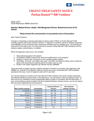 840 Series Urgent Field Safety Notice Dec 2013