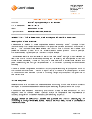 Alaris Syringe Pumps all models Urgent Safety Notice Nov 2010