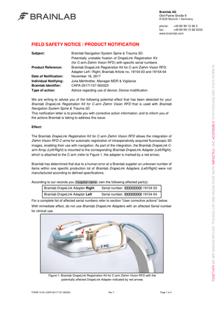 Brainlab DrapeLink registration kit for C-arm Ziehm Vision Nov 2017