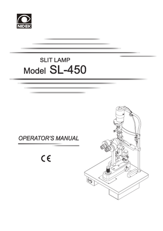 Table of Contents  §1 INTRODUCTION ... 1-1 1.1 Outline of Device ... 1-1 1.2 Intended Use ... 1-1 1.3 Classifications ... 1-1 1.4 Symbol Information ... 1-2  §2 SAFETY ... 2-1 2.1 Operation ... 2-1 2.2 Storage ... 2-2 2.3 Placement ... 2-2 2.4 Installation ... 2-3 2.5 Wiring ... 2-4 2.6 After Use ... 2-5 2.7 Maintenance and Checks ... 2-5 2.8 Disposal ... 2-5 2.9 Labels ... 2-6  §3 CONFIGURATIONS ... 3-1 §4 OPERATING PROCEDURES ... 4-1 §5 MAINTENANCE ... 5-1 5.1 Replacement of Illumination Bulb ... 5-1 5.2 Replacement of Fixation Bulb ... 5-2 5.3 Replacement of Illumination Mirror ... 5-2 5.4 Replacement of Fuses ... 5-3 5.5 Setting of Voltage Selector ... 5-4 5.6 Cleaning the Exterior ... 5-5 5.7 List of Parts for Replacement ... 5-5  §6 SPECIFICATIONS ... 6-1 §7 ACCESSORIES ... 7-1 7.1 Standard Accessories ... 7-1 7.2 Optional Accessories ... 7-1  §8 UNPACKING AND MOUNTING ... 8-1 §9 EMC (ELECTROMAGNETIC COMPATIBILITY) ... 9-1 I  