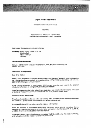 Calcuson & Endomat LC Urgent Field Safety Notification 2013