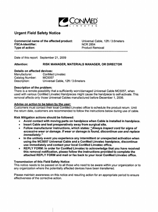 Universal Cable MC5057 Urgent Field Safety Notice Sept 2009