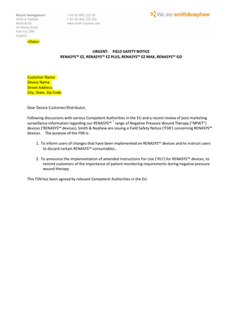 RENASYS series Urgent Field Safety Notice Sept 2014