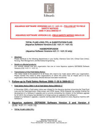 Aquarius Follow-Up Field Safety Notice Feb 2009