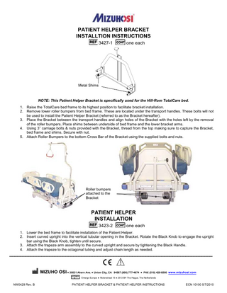 Patient Helper Bracket TotalCare Installtion Instructions Rev B