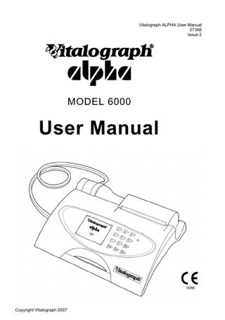 Table of Contents DESCRIPTION OF THE VITALOGRAPH ALPHA  1  MAIN COMPONENTS OF THE VITALOGRAPH ALPHA  1  FEATURES OF THE VITALOGRAPH ALPHA  1  GETTING THE VITALOGRAPH ALPHA READY FOR USE  2  POWER MANAGEMENT IN THE VITALOGRAPH ALPHA  2  BATTERY PACK BATTERY LOW DETECT OPERATING THE VITALOGRAPH ALPHA ENTERING SUBJECT INFORMATION PERFORMING A TEST SESSION Checks to Make before Performing a Test Session Performing a VC Test Performing an FVC Test SAVING THE TEST SESSION. PERFORMING A POST TEST SESSION PRINTING THE TEST SESSION CLEAR RESULTS CHECKING ACCURACY When to Check Accuracy VIEWING CURRENT SUBJECT DETAILS DELETING STORED SUBJECTS/TEST RESULTS CONFIGURATION OPTIONS Preferences Date/Time Report Settings Syringe/Calibration Sound Volume FITTING A NEW PAPER ROLL CLEANING INSTRUCTIONS CLEANING AND DISINFECTING THE VITALOGRAPH ALPHA DISASSEMBLING THE FLEISCH FLOWHEAD REASSEMBLING THE FLEISCH FLOWHEAD FAULT FINDING GUIDE  2 3 3 3 4 4 4 6 7 8 8 9 9 10 10 11 11 11 12 13 13 15 15 16 16 19 20 21 i  