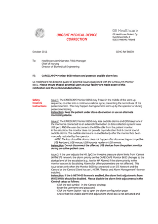 CARESCAPE B650 Urgent Field Safety Notice Oct 2011