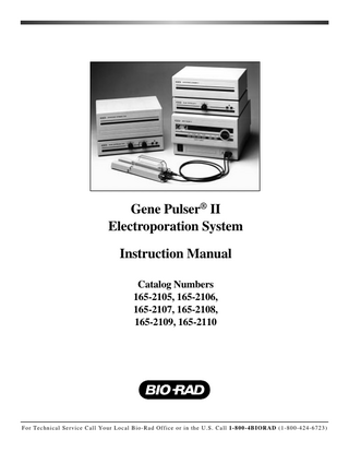 Table of Contents Page  Section 1  Introduction ...1  1.1  Gene Pulser II System Description ...1  Section 2  Unpacking and System Installation...2  2.1 2.2 2.3  Safety ...2 Unpacking The System Components...3 Setting Up The System...3  Section 3  Guide to Switches and Keypads...7  3.1 3.2 3.3 3.4 3.5  Gene Pulser II Unit Control Panel ...8 Pulse Controller II Front Panel ...13 Pulse Controller PLUS Front Panel ...14 Capacitance Extender II Front Panel ...15 Capacitance Extender PLUS Front Panel...16  Section 4  Operation...16  4.1  Instructions for Using the Gene Pulser II unit and the Pulse Controller II (or PLUS) Accessory ...16 Instructions for Using the Gene Pulser II unit with the Capacitance Extender II (or PLUS ) Accessory Module ...17  4.2  Section 5  The Pulse Trac™ system...18  5.1 5.2  Pulse Trac System Description ...18 Pulse Trac Diagnostic Algorithm...18  Section 6  Instrument Diagnostics and Troubleshooting ...20  Section 7  Specifications and Product Information ...21  7.1 7.2  System Specifications ...21 Product Information ...22  Appendix A  Review of Electroporation Fundamentals ...22  i  