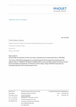 OR Table Head Fixture 1 002.65AO Field Safety Notice July 2016